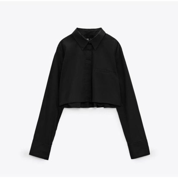 Zara NWT Long Sleeve Cropped Button Down Shirt Blouse Black Size XS Front Pocket - Picture 6 of 8